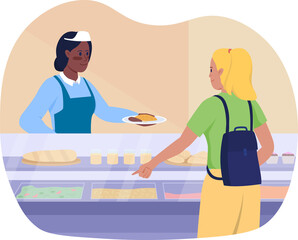 Girl purchasing lunch 2D raster isolated illustration. School lunch time menu flat characters on cartoon background. High school cafe colourful scene for mobile, website, presentation