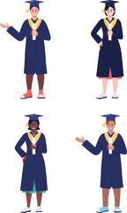 University and school graduates semi flat color raster characters set. Standing figures. Full body people on white. Ceremony simple cartoon style illustration for web graphic design and animation pack