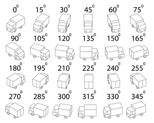 A set of 24 trucks from different angles. Rotation of the truck in outline by 15 degrees for animation.  