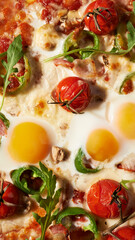 breakfast pizza with eggs, close up
