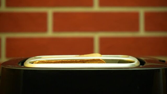 Slow motion video of popping out from toaster two slices of bread. Side view of black toaster on brown brick wall background