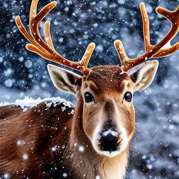 Close Up of a Reindeer in the Snow Portrait 