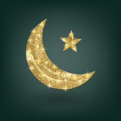 Golden muslim month with glittering texture on Green background, vector illustration