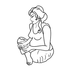 Antistress coloring page. Pregnant woman, future mom, doing yoga, meditation in asana. Flat vector illustration. Isolated on white background. For printing , cards, designers, clothes, logo