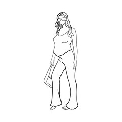 Coloring page. Stylish woman posing in modern outfit, holding trendy handbag. Female character wearing casual blouse and trendy pants. Flat vector cartoon illustration isolated on white background