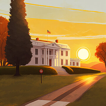 Abstract painting concept. Colorful art of the White House in Washington. Cityscape. Digital art image.