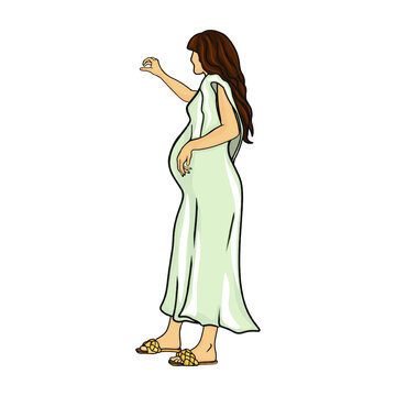 Pregnant woman, future mom, in long dress standing and hugging belly with arm. Flat vector illustration. Isolated on white background. For printing packaging, cards, designers, clothes, icon, logo