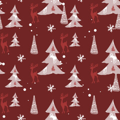Obraz premium Pattern of moose and Christmas trees. Christmas seamless illustration, blank for designer, logo, icon, textile
