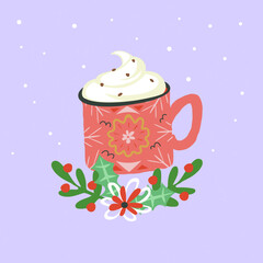 Christmas holiday  cup with a hot drink. Winter coffee mug, hot drink with cream. 