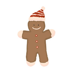 Funny hand drawn gingerbread man with a striped hat. Christmas treat, a decoration. Baking for Christmas