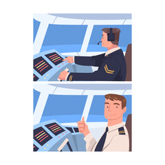 Man Aircraft Pilot or Aviator Sitting Inside Airplane Cabin at Control Panel Vector Set © topvectors