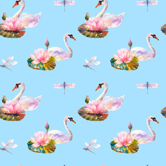 Watercolor seamless pattern with graceful swans, beautiful water lilies and dragonflies on blue background.