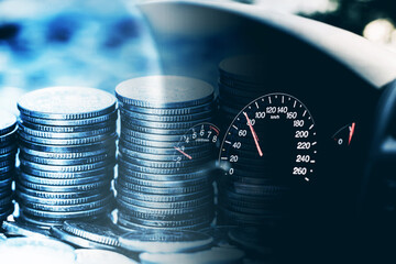 Petrol prices background. Rising cost of transport. Metal coins cash. Car dashboard speedometer....