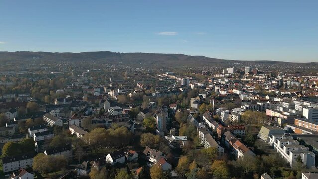 Aerial view of the city Kassel in Germany on a sunny day in fall, autumn