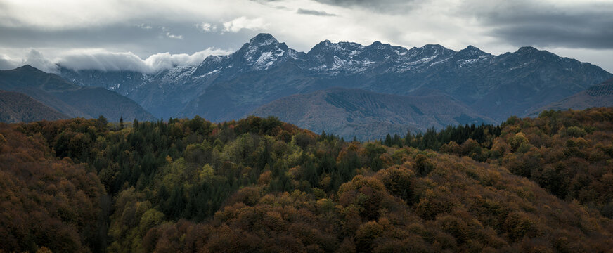 Autumn landscape in the Pyrenees mountains with the Mont Valier in background