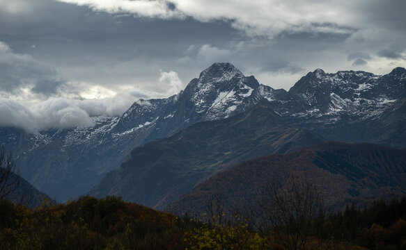 dramatic cloudy sky over the Pyrenees mountains in autumn