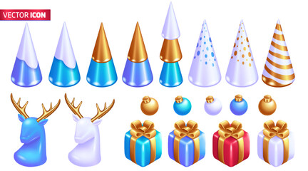 Realistic 3D Isometric illustration. Set of colorful Christmas decorations. Christmas trees, gift boxes, Christmas balls and deer figures with golden horns. Vector for web Design