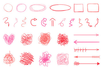 Colored infographic elements isolated on white. Set of sketchy indicator signs. Tangled hand drawn simple pointers. Line art. Abstract arrows. Geometric shapes for work