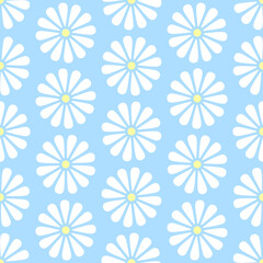 White chamomiles on blue background seamless pattern. Best for textile, wallpapers, home decoration, wrapping paper, package and web design.
