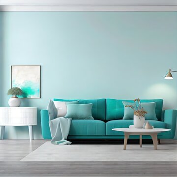 Living Room In Turquoise Color. A Painted Teal Mint Empty Wall And A Gray Sofa. Modern Table And Furniture Design. Mockup Minimalist Interior Room For Art. 3d Rendering High Quality Illustration