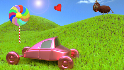 Cartoon enviroment with car and animal 3d Illustration