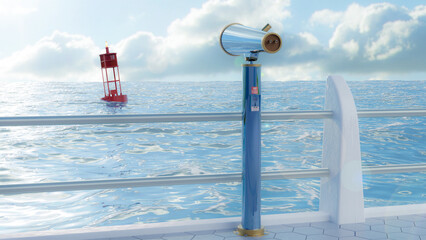 Telescope for view in a deck in front of the ocean 3D Illustration