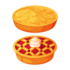 Baked Pie Made from Pastry Dough with Sweet Fruit Filling Vector Set