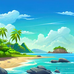 Fototapeta na wymiar Sea beach, rock islands in water and clouds in blue sky. 2r illustrated cartoon summer landscape of ocean shore, mountains, green grass and palm trees on sand beach. Seascape panorama