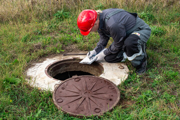 A male plumber in overalls and a helmet near a water well writes down the measurements taken and...