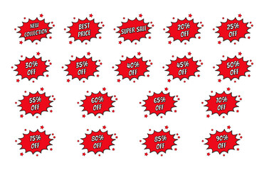 Discount icons for goods in comics style in red color