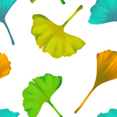 Ginkgo biloba leaves seamless pattern. Hand drawn digital illustration. Colourful background.