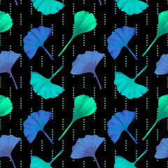 Ginkgo biloba leaves seamless pattern. Hand drawn digital illustration. Colourful background.