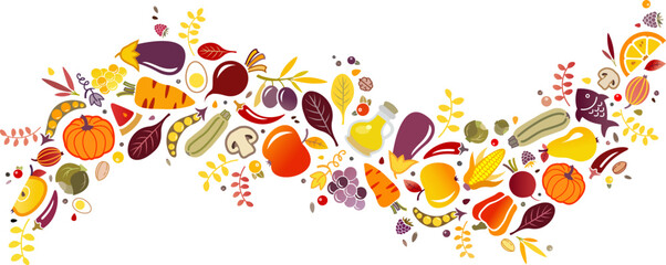 Healthy foods vector illustration. High-angle view of various colourful raw fruit and vegetables, olive oil & protein for detox, healthy diet & lifestyle; red, orange & yellow antioxidant food.