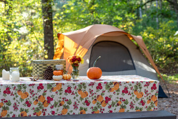 Fall campsite with pumpkins and fresh flowers on a picnic table
