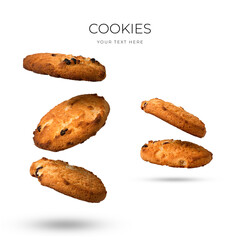 Chocolate chip cookies falling isolated on white background, food levitation