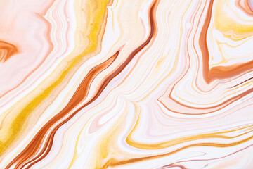 Fluid art texture. Background with abstract mixing paint effect. Liquid acrylic artwork with flows and splashes. Mixed paints for background or poster. Golden, brown and white overflowing colors.