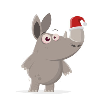 funny illustration of a cartoon rhino with santa clause hat on his horn
