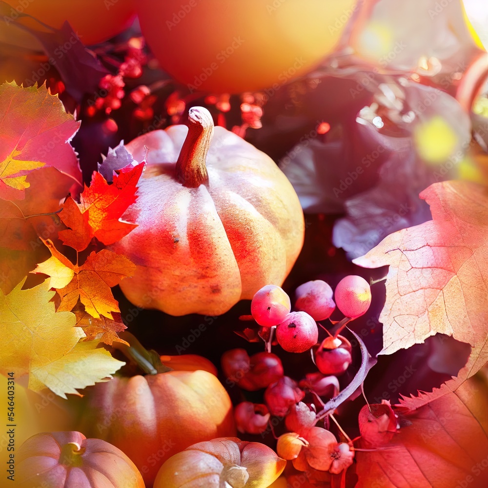 Wall mural Colorful autumn composition with pumpkins, viburnum and autumn leaves Autumn mood Close up Selective focus , anime style