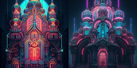 Fotobehang Cyberpunk orthodox church, stained glass window in church, neon lights, neon forms, abstract, collection © Firgapolis
