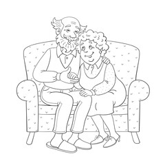 Cute elderly couple sitting on a sofa. In cartoon style. Black and white picture with grey details. For coloring book. Isolated on white background.