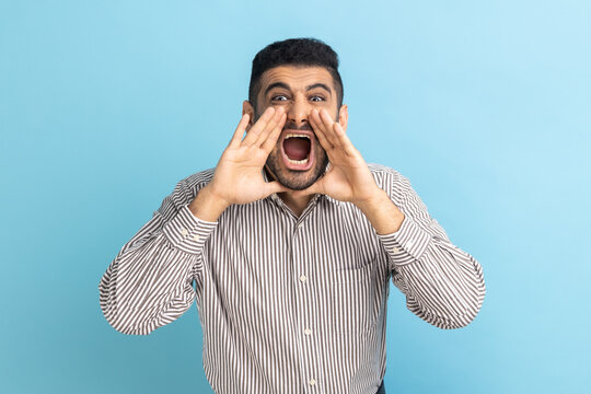 Portrait of handsome crazy businessman with beard loudly screaming holding hand near widely opened mouth, wearing striped shirt. Indoor studio shot isolated on blue background.