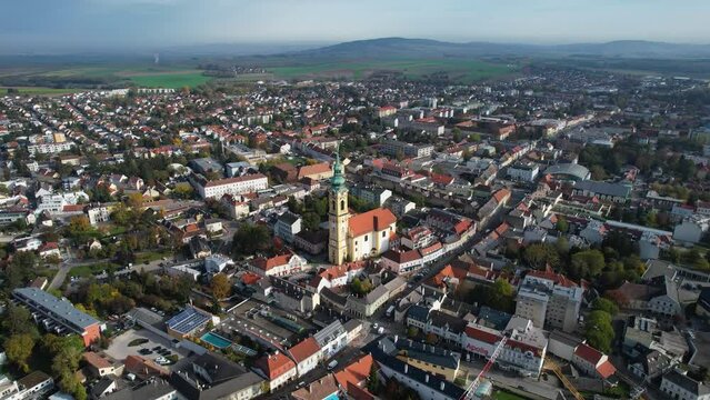 Aerial wide view around the city Stockerau an der Donau in Austria on a sunny autumn day