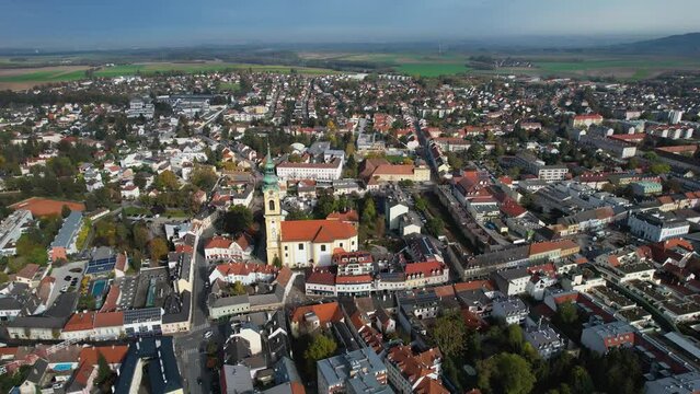 Aerial wide view around the city Stockerau an der Donau in Austria on a sunny autumn day