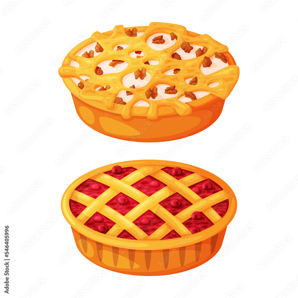 Poster baked pie made from pastry dough with sweet filling vector set