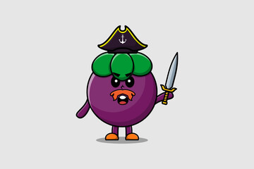Obraz premium Cute cartoon mascot character Mangosteen pirate with hat and holding sword in modern design