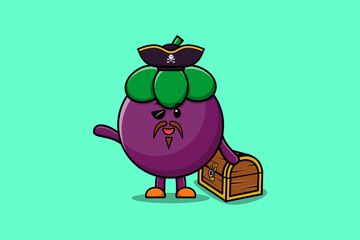 Cute cartoon character Mangosteen pirate with treasure box illustration in modern style design