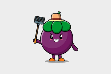 Cute cartoon Agricultural worker Mangosteen with pitchfork vector image cute modern style design 