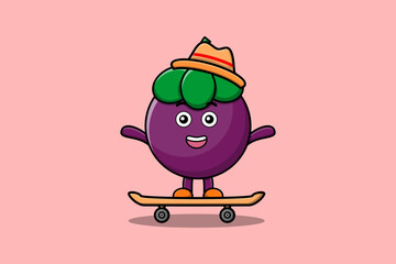 cute cartoon Mangosteen standing on skateboard with cartoon vector illustration style