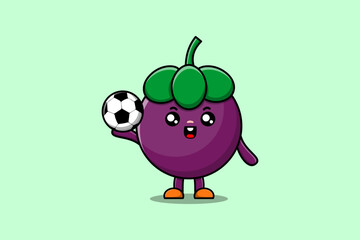 Cute cartoon Mangosteen character playing football in flat cartoon style illustration