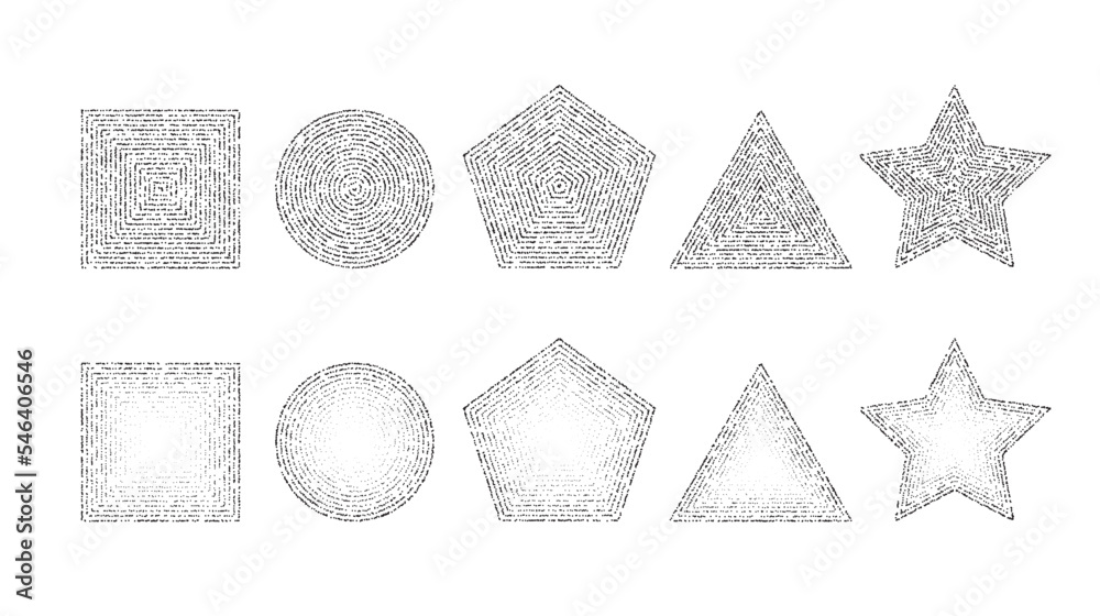 Poster dotted grainy shapes set. stippled square, circle, triangle, star and pentagon with gradient. grain 